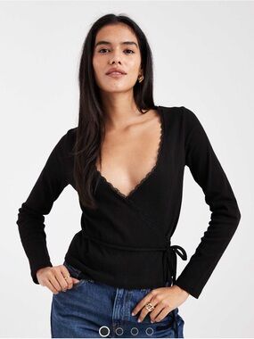 Womens asos miss selfridge pointelle black long sleeve wrap top small